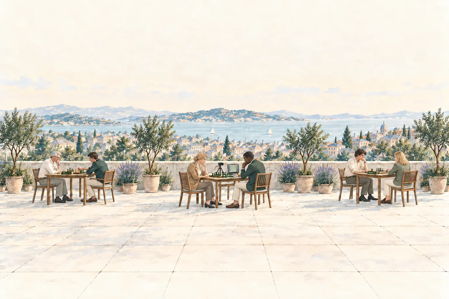 Watercolor of a sunny terrace above a bay, with pairs of people playing chess at wooden tables.