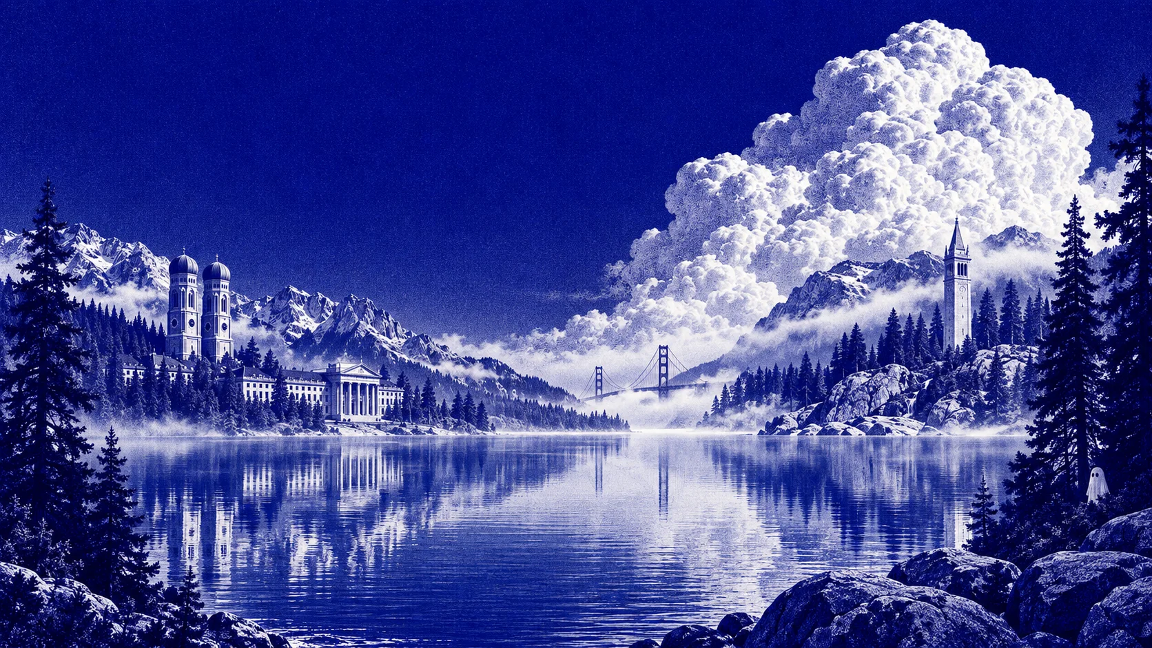 An imagined lake between Bavaria and California: Munich towers, an academic stone facade, the Golden Gate Bridge and Berkeley’s Campanile among alpine forests, with a little ghost on the shore.