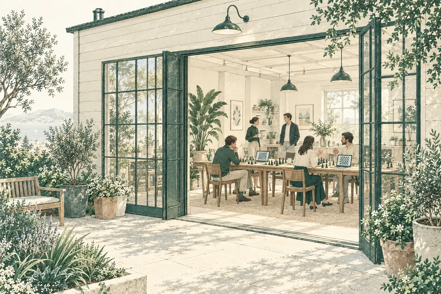Watercolor of a bright studio with open glass doors, where people sit at a long table with chessboards and laptops.
