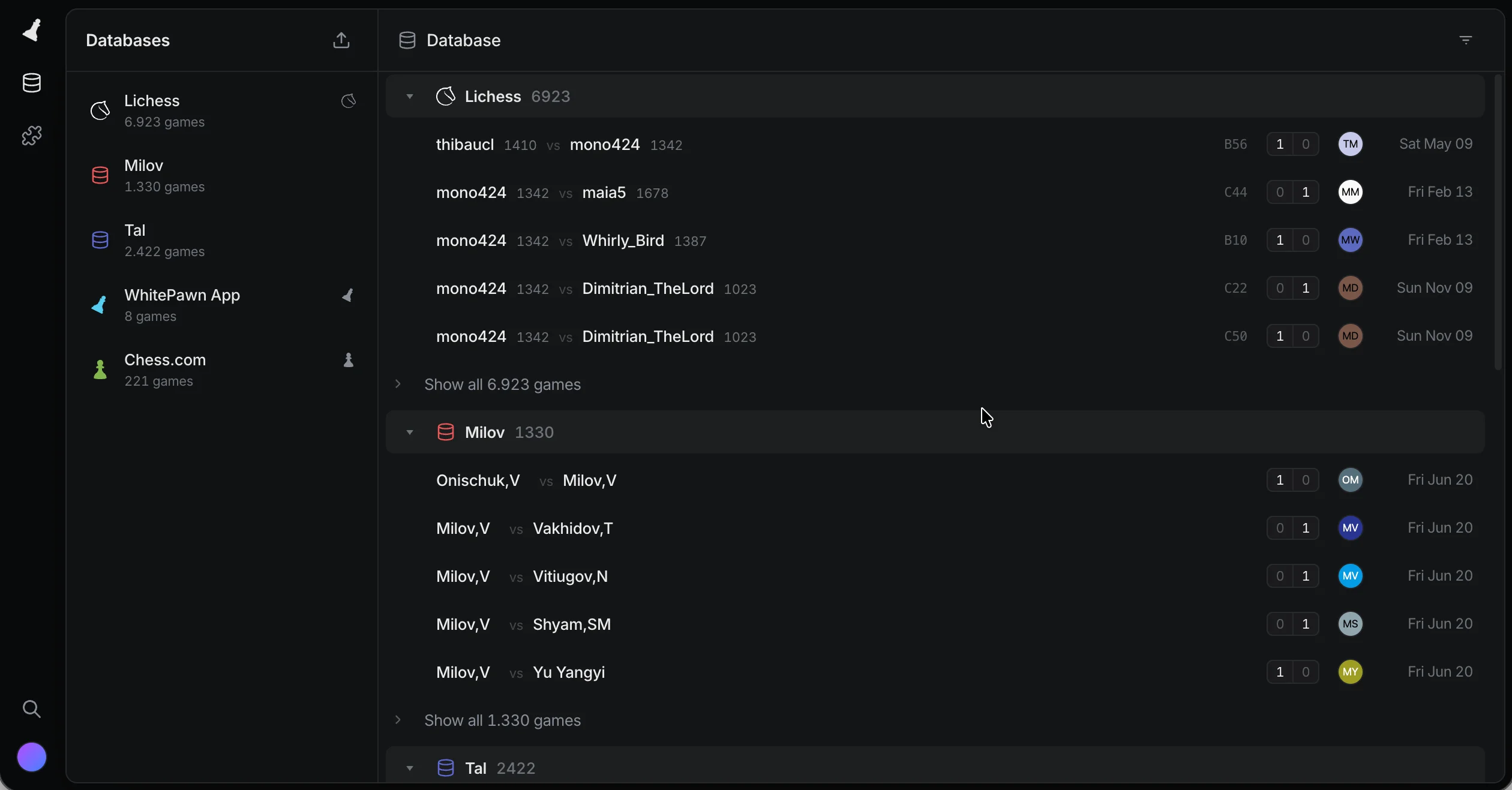 WhitePawn's games database in the browser: collections from Lichess, Chess.com and imported databases, each listing recent games with players, ratings, results and dates.