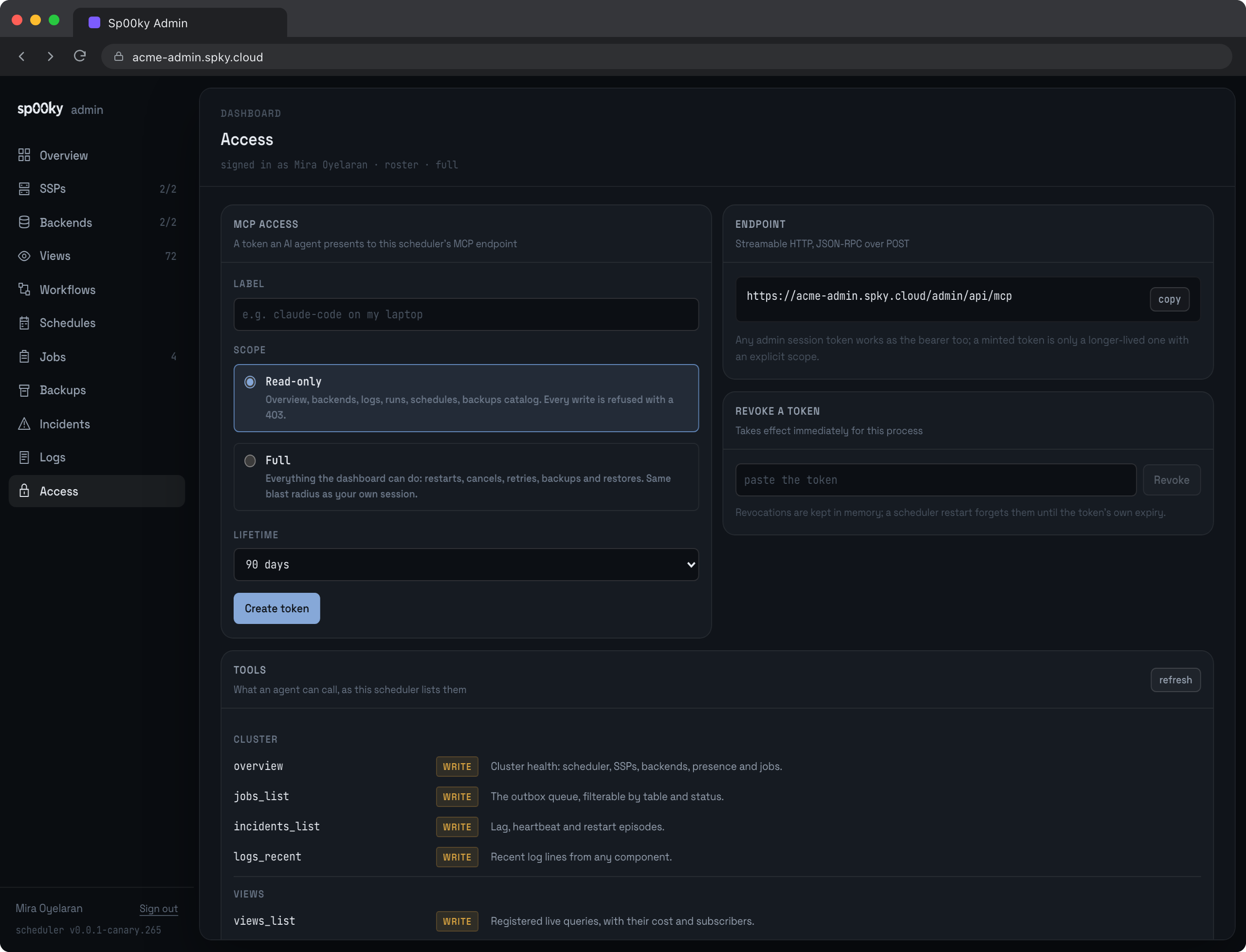 Minting an MCP token, and the tools an agent can then call.