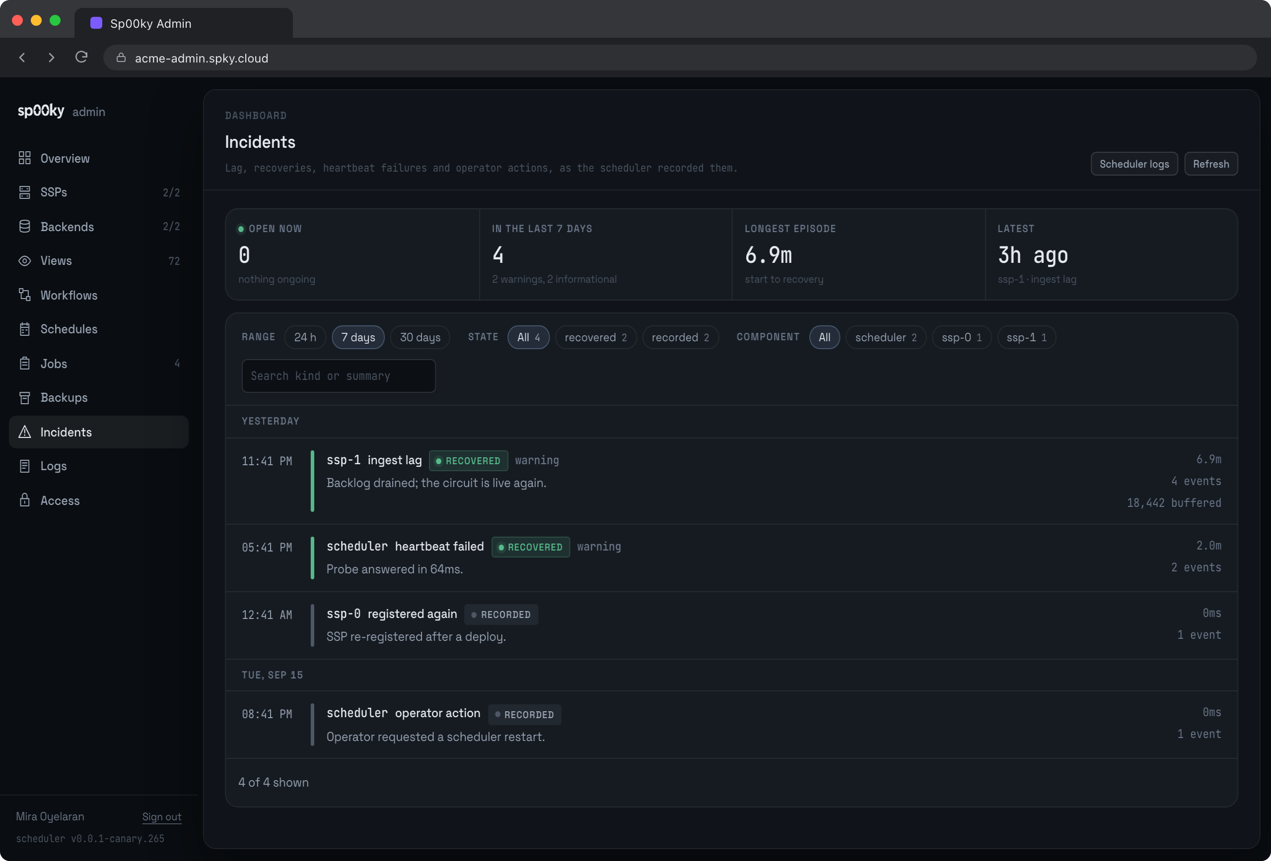 Every episode in one timeline, with filters that apply on the client.