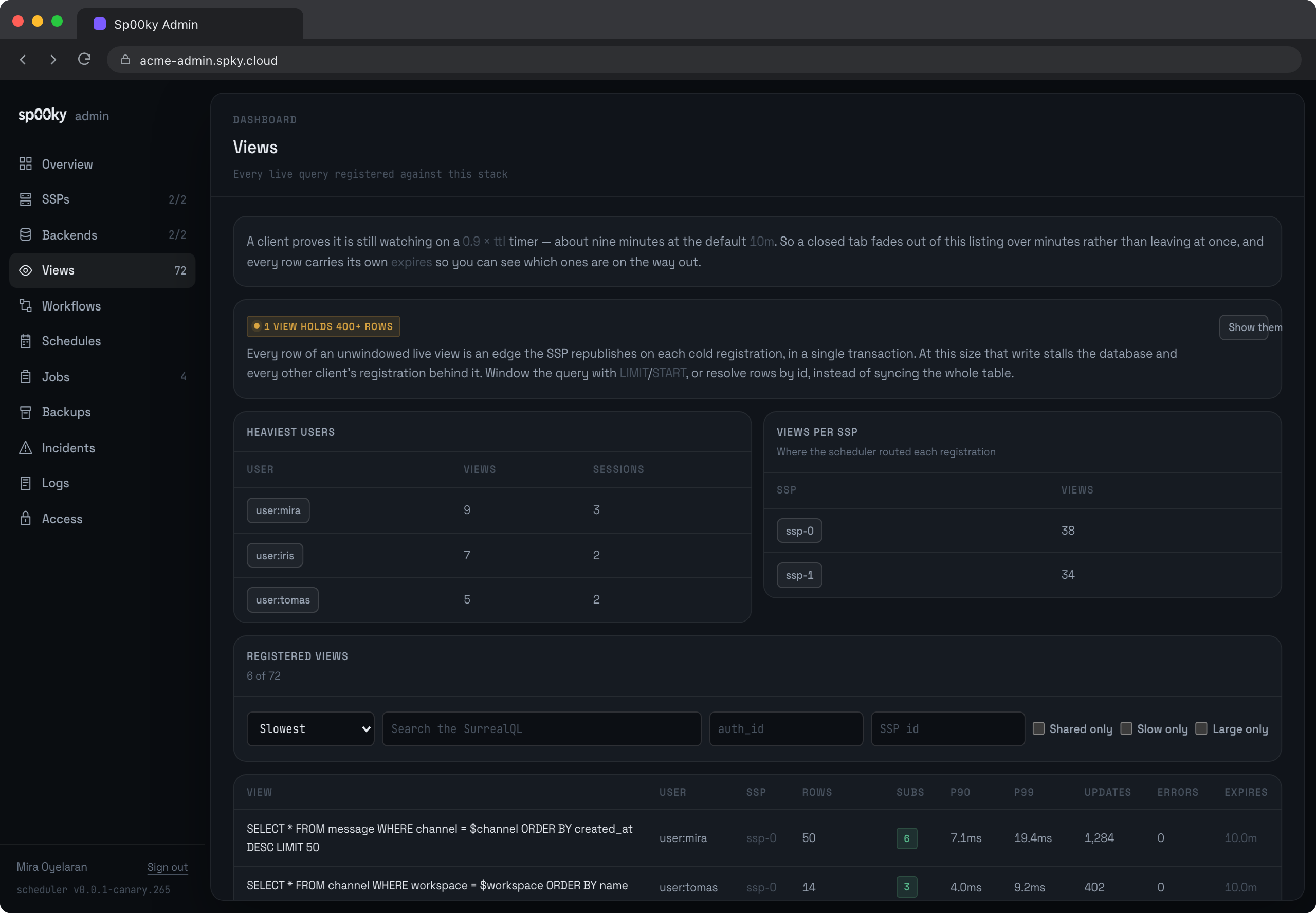 Every registered live query, what it costs and who is watching it.