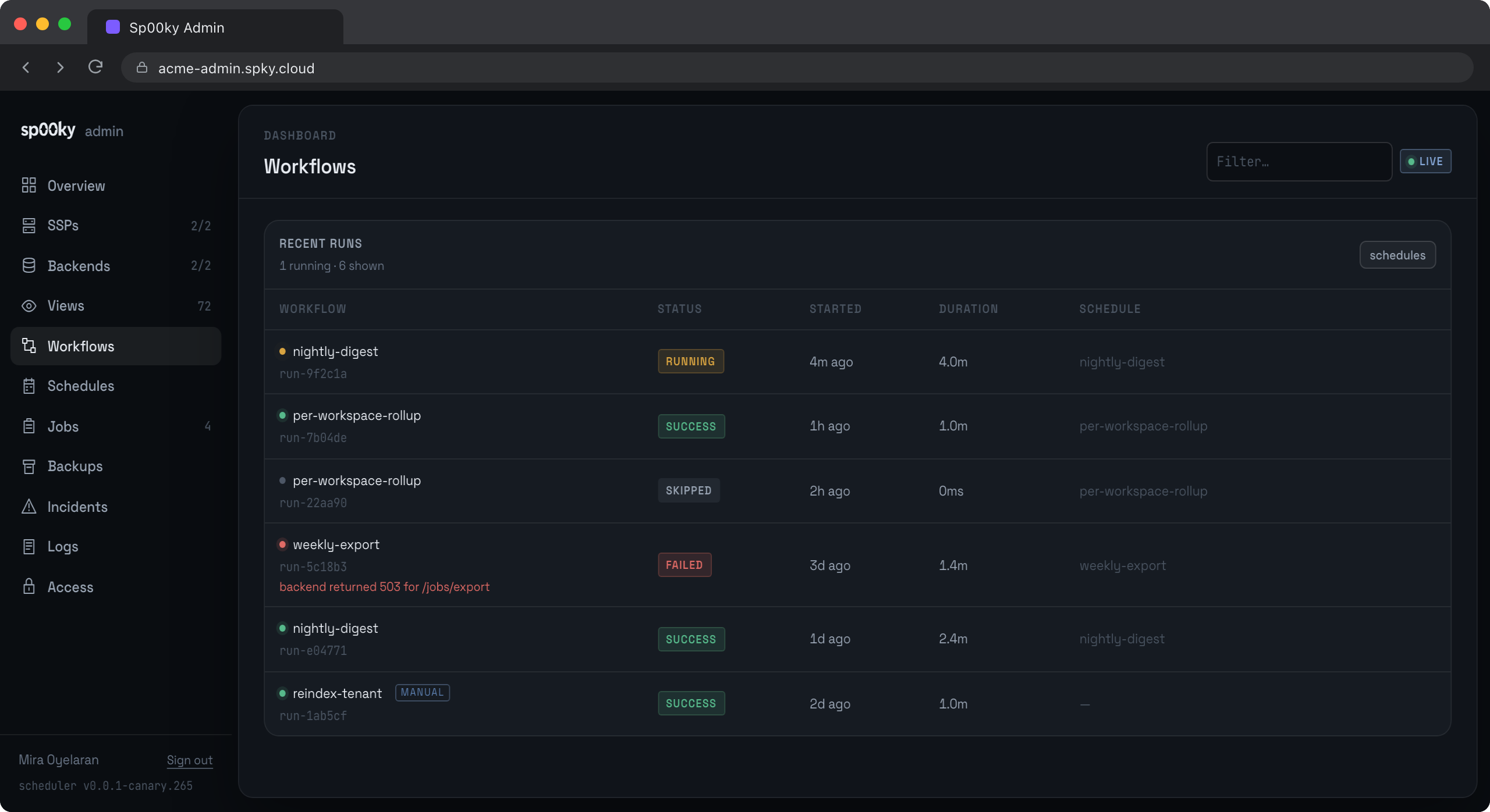 Runs updating live, each carrying its own failure reason.
