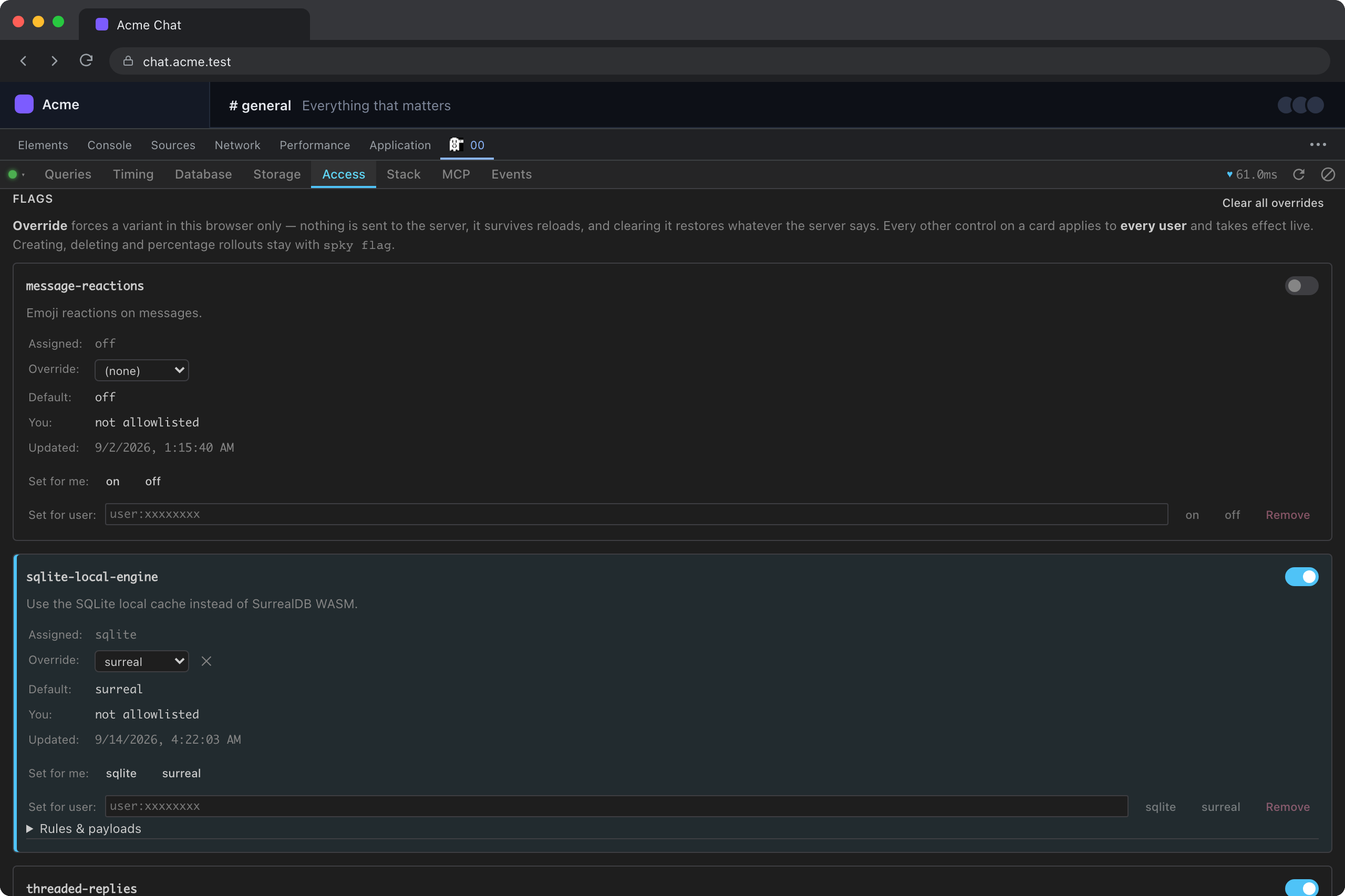 Feature flags, with a browser-local override forcing one variant.