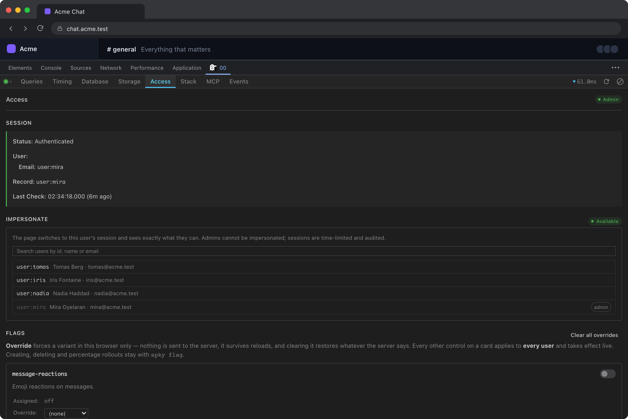 The session, and the user picker for starting an impersonation.
