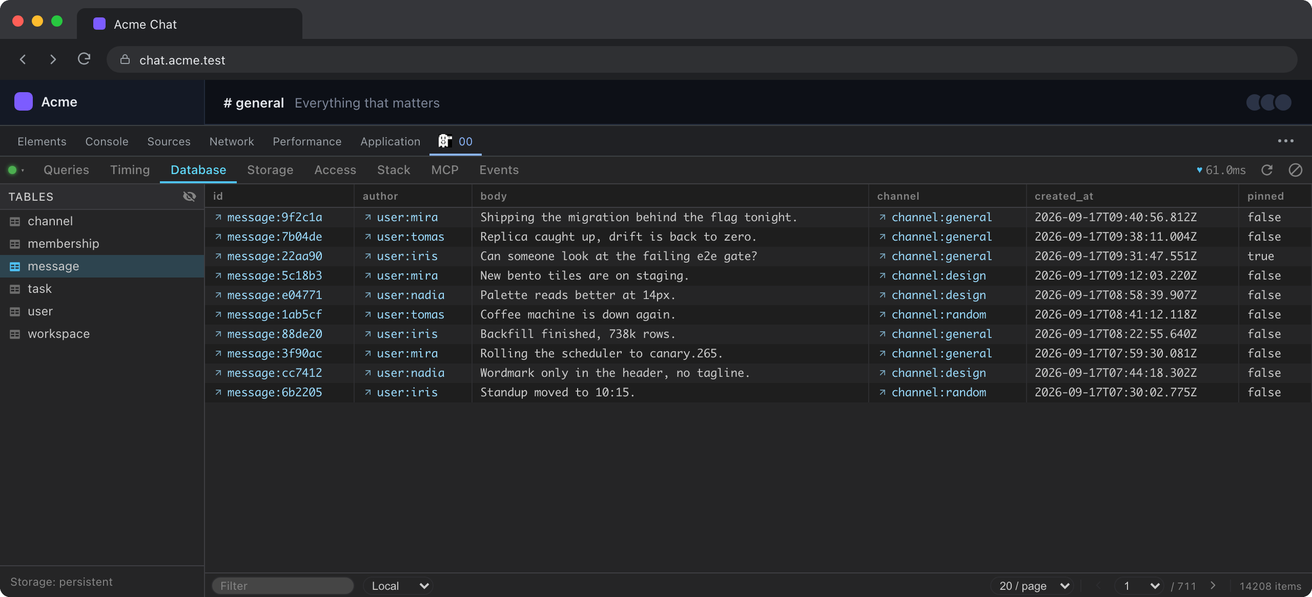 The Database tab reading the local cache, with the internal _00_ tables hidden.