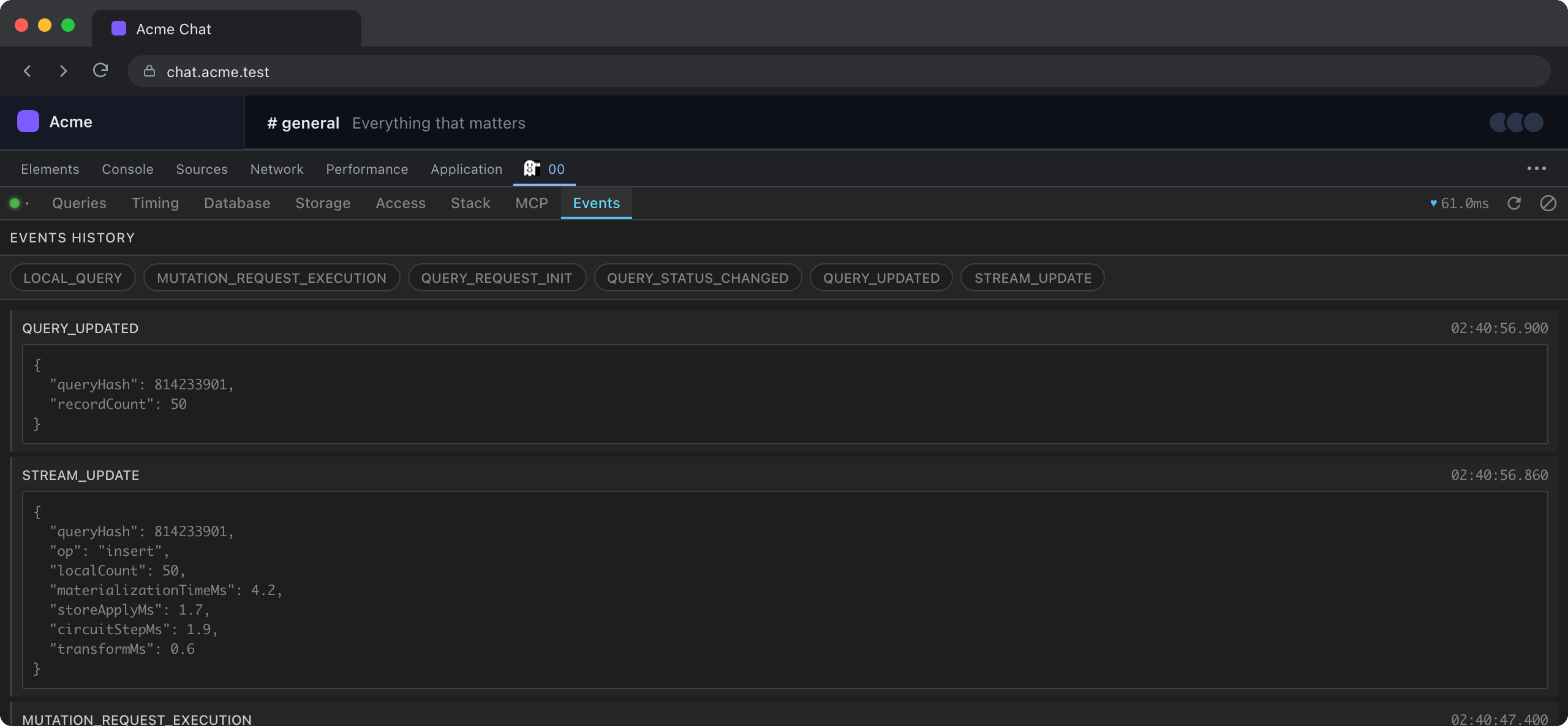 The event log, filtered by type.