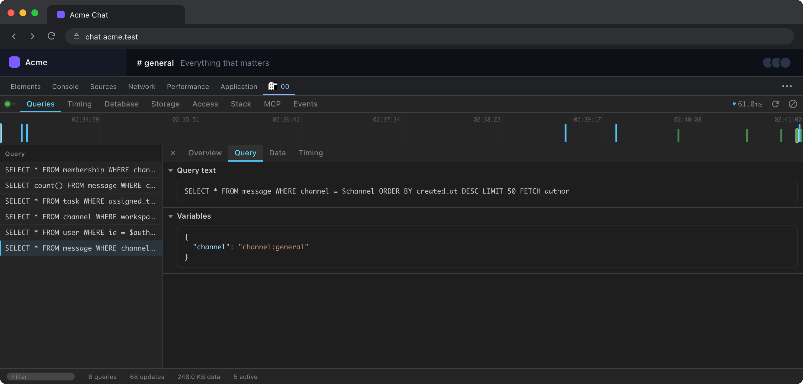 One query's detail panel: the SurrealQL it registered and the variables it was given.
