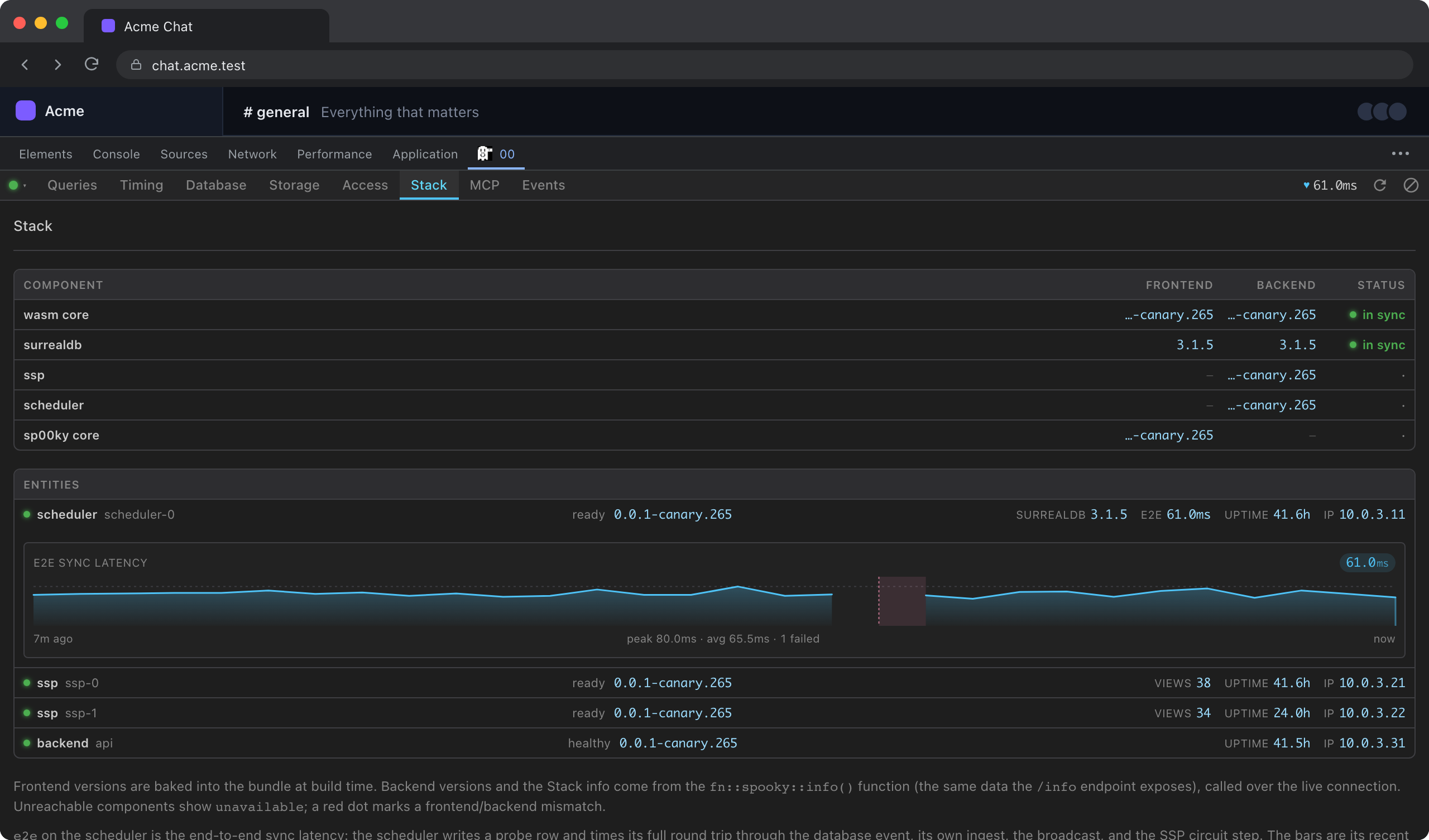 Frontend versus backend versions, the live entities, and the end-to-end heartbeat.