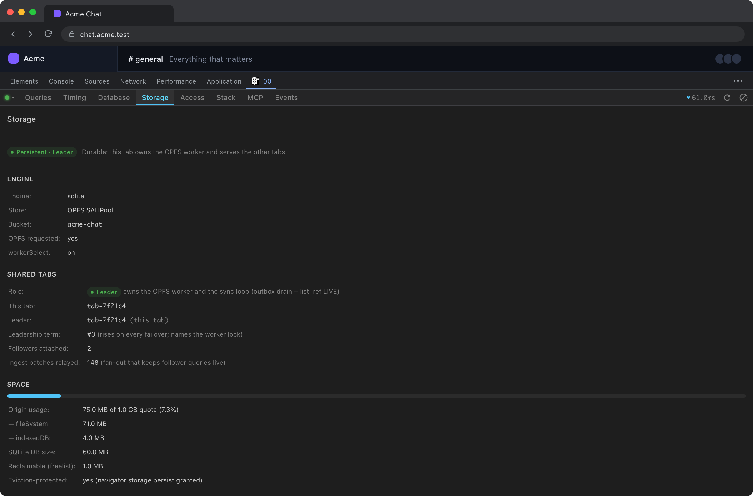 Engine, shared-tab ownership and origin storage usage.